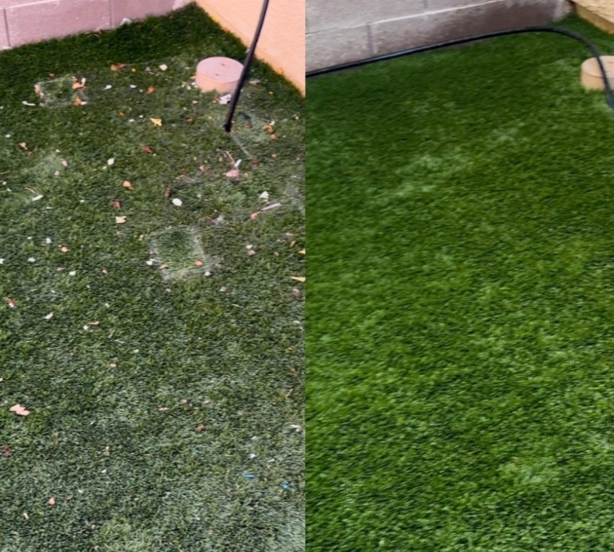 Before and after comparison showing artificial turf cleaned with hose to remove mineral deposits