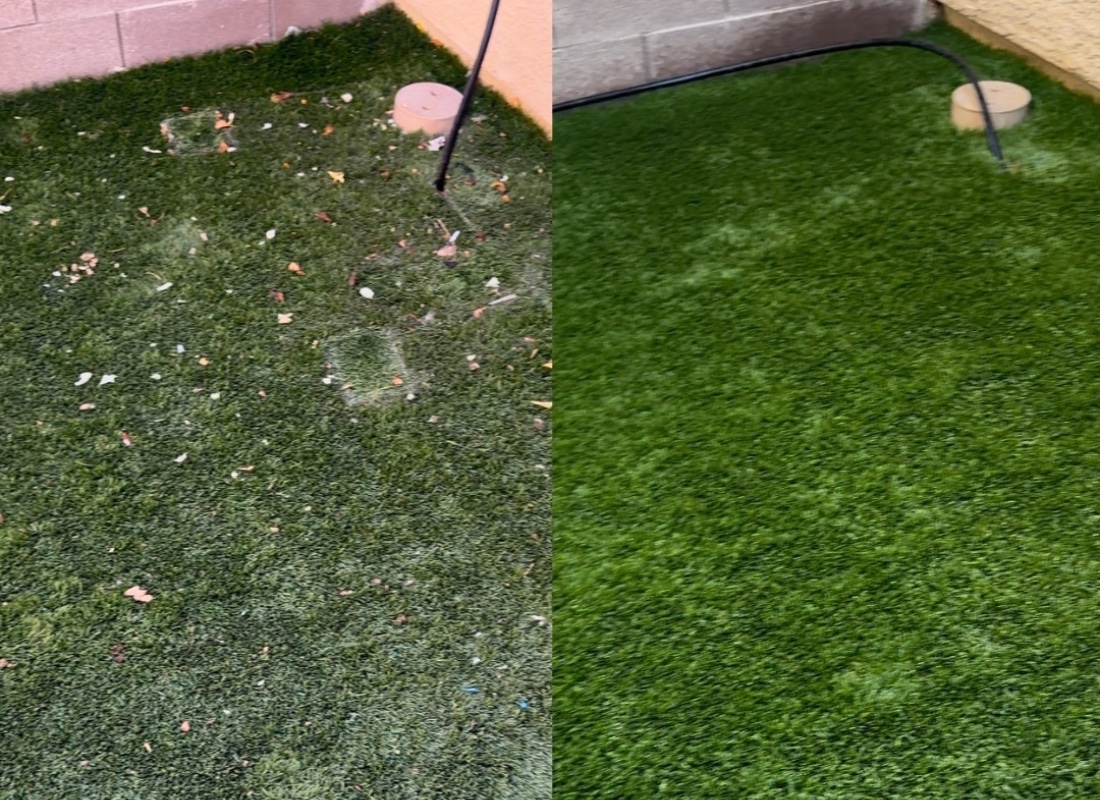Before and after comparison showing power of enzyme cleaners on artificial turf