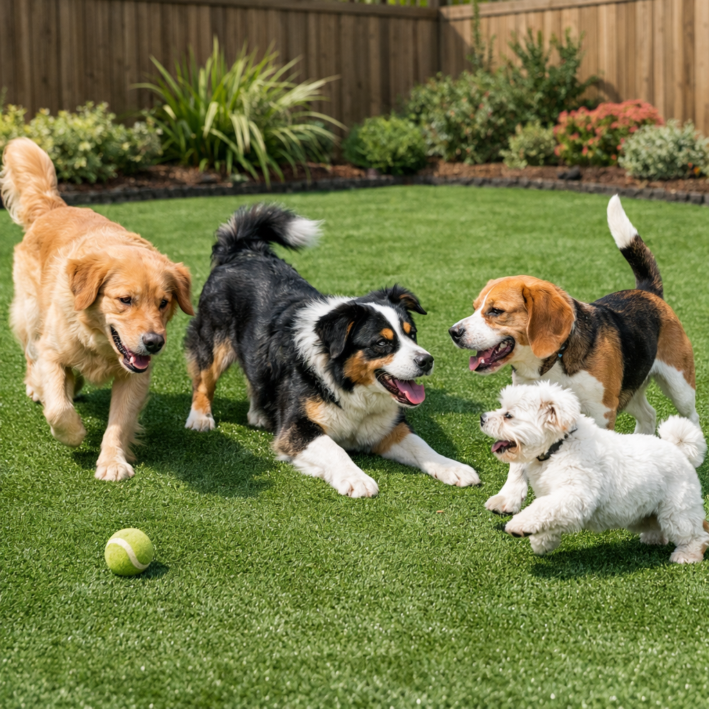 Happy puppies playing safely on clean artificial turf in Henderson backyard