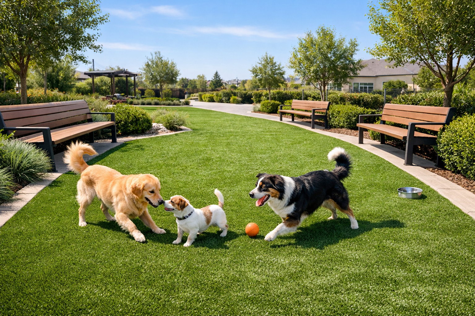 Multiple dogs playing together on artificial turf at a Henderson park
