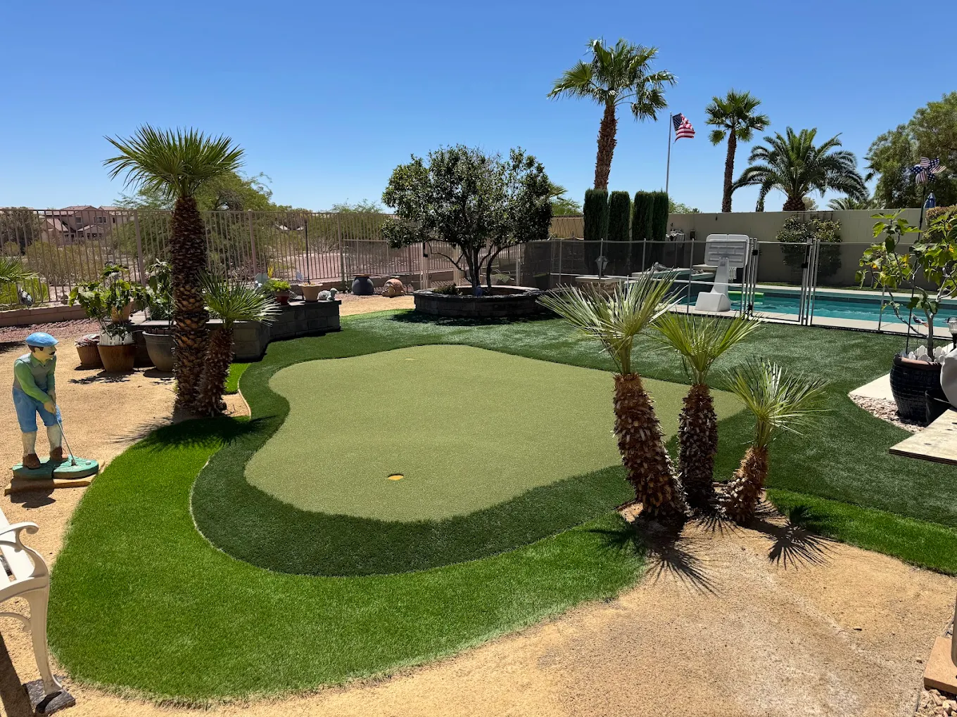 Aerial shot of a Henderson putting green and pool surrounded by artificial turf